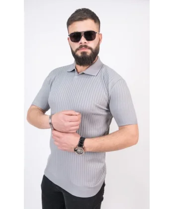 Triko Dokuma Yakalı T-shirt - Gri