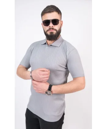 Triko Dokuma Yakalı T-shirt - Gri