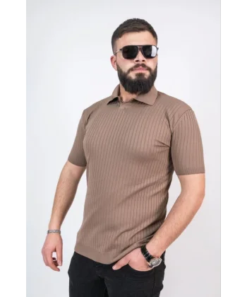 Triko Dokuma Yakalı T-shirt - Kahverengi