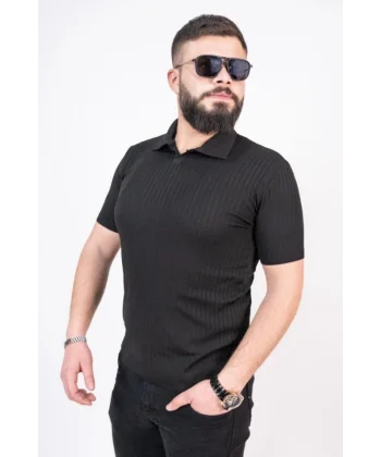 Triko Dokuma Yakalı T-shirt - Siyah