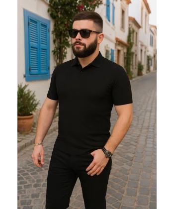 Triko Dokuma Yakalı T-shirt - Siyah