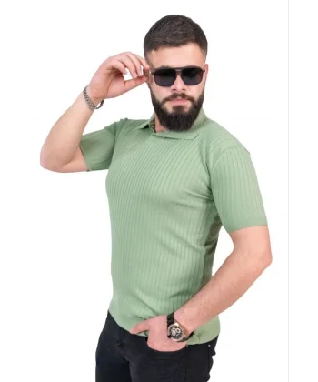 Triko Dokuma Yakalı T-shirt - Su Yeşili