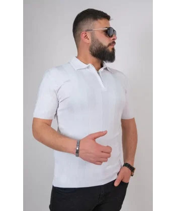 Triko Dokuma Yarım Fermuarlı Yakalı T-shirt - Beyaz