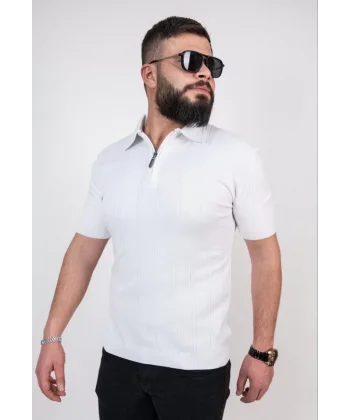 Triko Dokuma Yarım Fermuarlı Yakalı T-shirt - Beyaz
