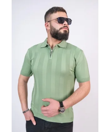 Triko Dokuma Yarım Fermuarlı Yakalı T-shirt - Su Yeşili