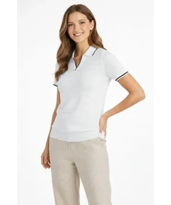 Triko Kumaş Yakalı Düğmesiz Açık Yaka Fitilli Kısa Kollu Regular Fit Tişört T-shirt - Beyaz