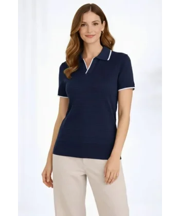 Triko Kumaş Yakalı Düğmesiz Açık Yaka Fitilli Kısa Kollu Regular Fit Tişört T-shirt - Lacivert