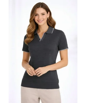 Triko Kumaş Yakalı Düğmesiz Açık Yaka Fitilli Kısa Kollu Regular Fit Tişört T-shirt - Siyah