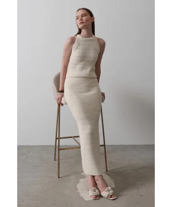 Triko Yırtmaçlı Etek - Ekru