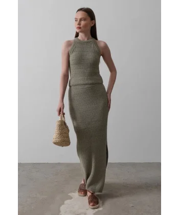 Triko Yırtmaçlı Etek - Yeşil