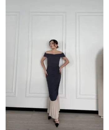 triptiz Omuzlu Uzun Elbise Füme