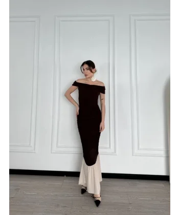 triptiz Omuzlu Uzun Elbise Kahve