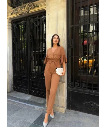 TULUM BEL LASTİK DETAYLI KETEN - Kahverengi