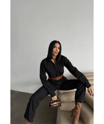 TULUM KEMERLİ GÖMLEK YAKA UZUN KOL POPLİN KUMAŞ - Siyah