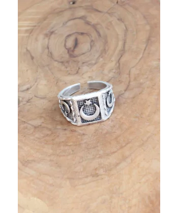 Türk Bayrağı Desenli Gümüş Renk Ayarlanabilir Erkek Yüzük