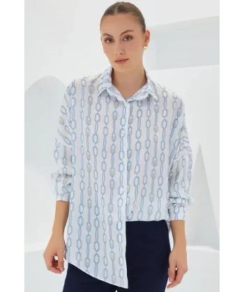 Turkuaz Beyaz Desenli Oversize Saten Gömlek 3985
