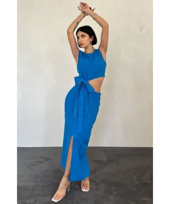 Turkuaz Kuşaklı Crop Ve Etek Takım