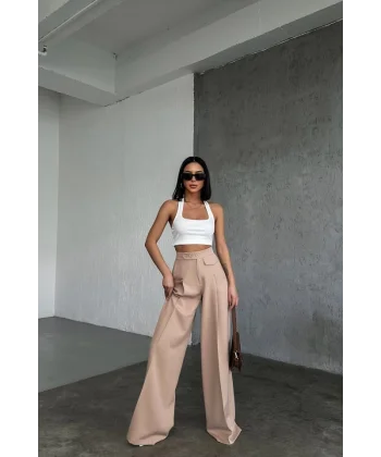 Üç Düğme Detayli Palazzo Pantolon