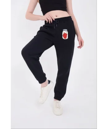 Üç İplik astikli Baskılı Eşofman Pantolon  acivert