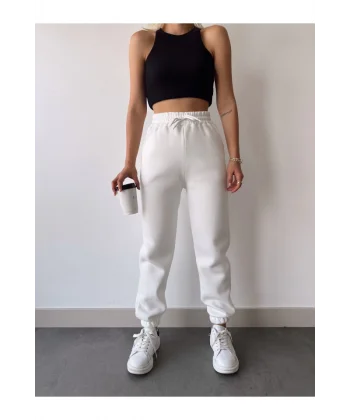 Üç İplik Basic astikli Eşofman Pantolon  Beyaz