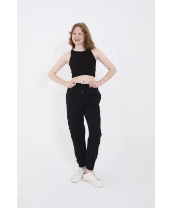 Üç İplik Basic Lastikli Eşofman Pantolon - Siyah