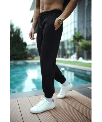 Üç İplik Basic Lastikli Eşofman Pantolon - Siyah