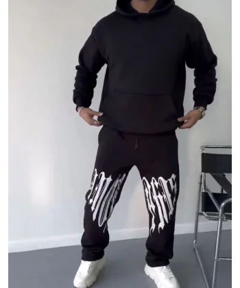 Üç İplik Baskılı Baggy Eşofman Pantolon - Siyah