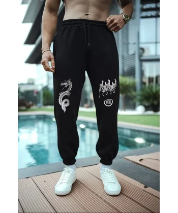 Üç İplik Baskılı Eşofman Pantolon - Siyah