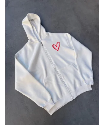 Üç İplik Baskılı Fermuarlı Kapşonlu Hırka  Beyaz