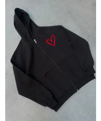 Üç İplik Baskılı Fermuarlı Kapşonlu Hırka  iyah