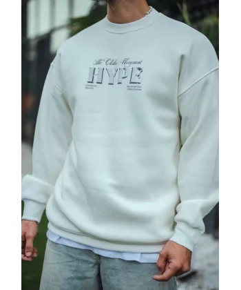 Üç İplik Bisiklet Yaka Baskılı SweatShirt - Beyaz