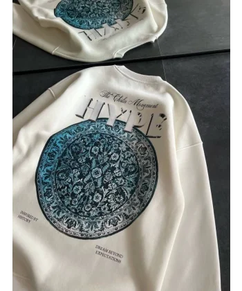 Üç İplik Bisiklet Yaka Baskılı weathirt  Beyaz