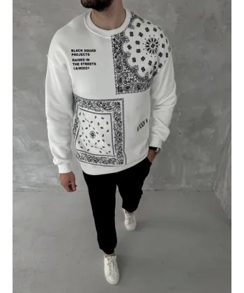 Üç İplik Desenli Bisiklet Yaka Oversize SweatShirt - Beyaz