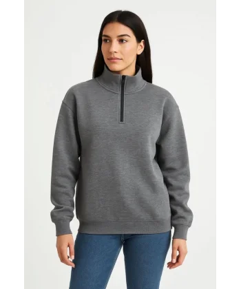 Üç İplik Dık Yaka Yarım Fermuarlı SweatShirt - Antrasit