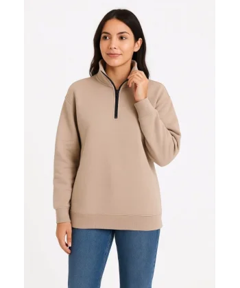 Üç İplik Dık Yaka Yarım Fermuarlı SweatShirt - Bej