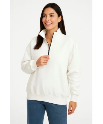 Üç İplik Dık Yaka Yarım Fermuarlı SweatShirt - Beyaz