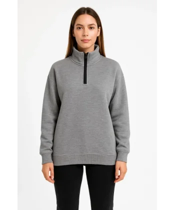 Üç İplik Dık Yaka Yarım Fermuarlı SweatShirt - Gri