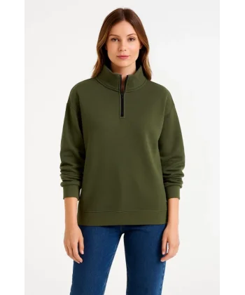 Üç İplik Dık Yaka Yarım Fermuarlı SweatShirt - Haki