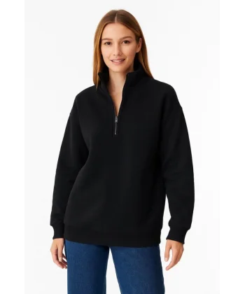 Üç İplik Dık Yaka Yarım Fermuarlı SweatShirt - Siyah