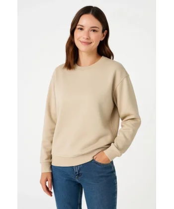 Üç İplik Düz Bisiklet Yaka SweatShirt - Bej