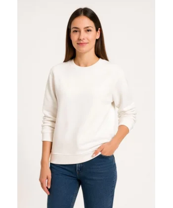 Üç İplik Düz Bisiklet Yaka SweatShirt - Beyaz