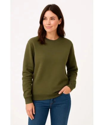 Üç İplik Düz Bisiklet Yaka SweatShirt - Haki