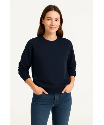 Üç İplik Düz Bisiklet Yaka SweatShirt - Lacivert