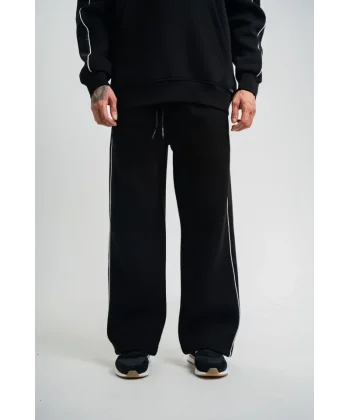 Üç İplik İçi Pamuklu Ara Biyeli Baskılı Baggy Eşofman Pantolon - Siyah