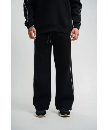 Üç İplik İçi Pamuklu Ara Biyeli Baskılı Baggy Eşofman Pantolon - Siyah