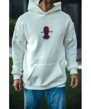 Üç İplik Kapşonlu Baskılı Oversize SweatShirt- Beyaz
