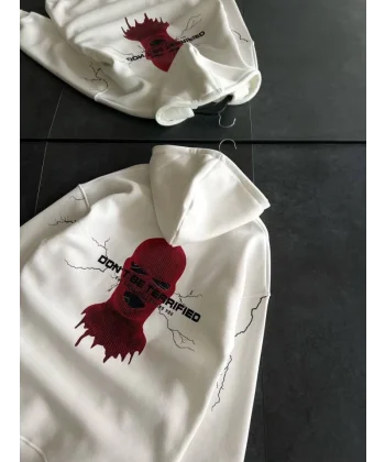 Üç İplik Kapşonlu Baskılı Oversize SweatShirt- Beyaz