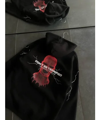 Üç İplik Kapşonlu Baskılı Oversize SweatShirt- Siyah