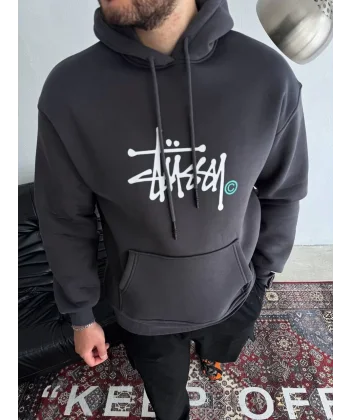 Üç İplik Kapşonlu Baskılı SweatShirt - Füme