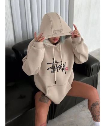 Üç İplik Kapşonlu Baskılı weathirt  Bej